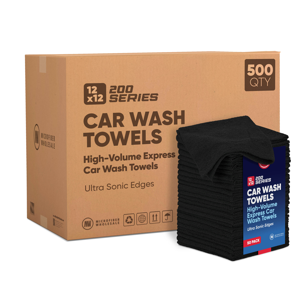 12x12 200 GSM Microfiber Car Wash Towel - Black - Case of 500 - Suds Car Wash