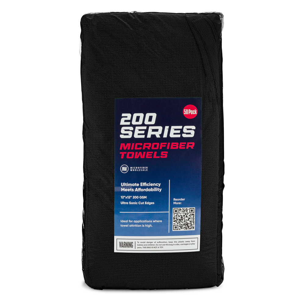 12x12 200 GSM Microfiber Car Wash Towel - Black - Case of 500 - Suds Car Wash