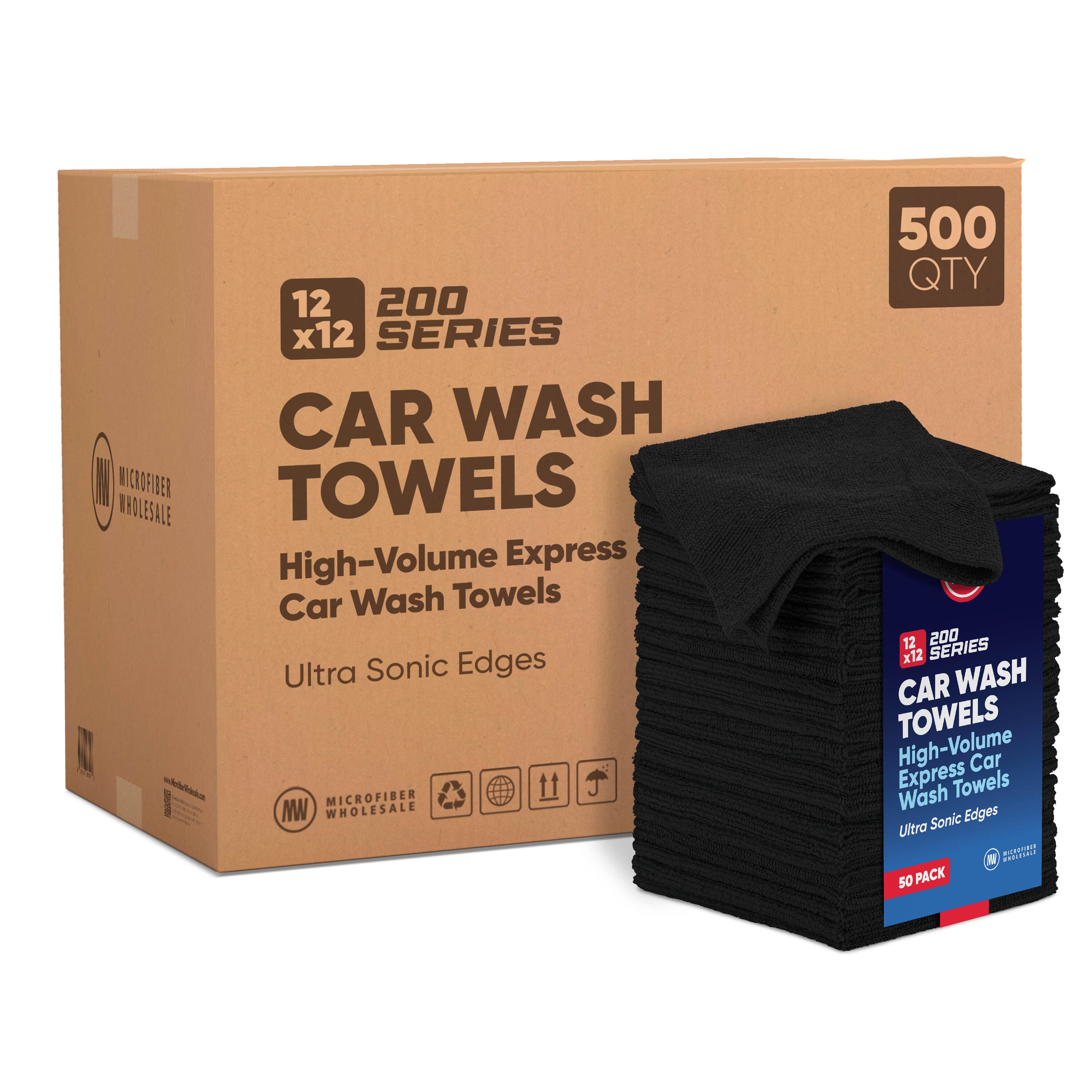 12x12 200 GSM Microfiber Car Wash Towel - Black - Case of 500-Spotless